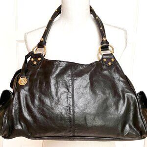 Rough Roses New Genuine Soft Black Leather Large Satchel Bag, Bright Gold Detail